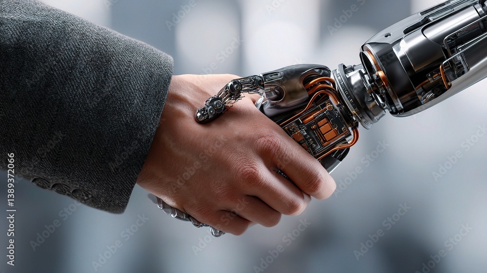 Poster human and robot handshake symbolizing ai and robotics collaboration