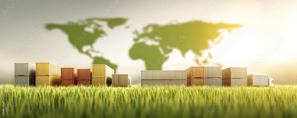 Poster import tariffs policy impact concept. containers in a field with a world map silhouette in the backg