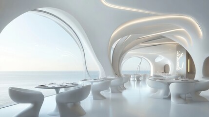 Modern cafe with ocean view interior