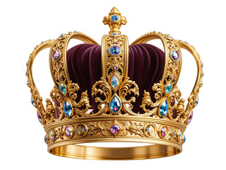 A majestic golden crown with sparkling precious stones, isolated on a transparent background for royal and luxury themes.