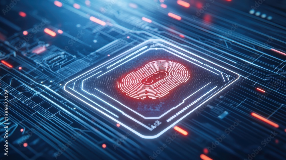 Poster a futuristic digital representation of a fingerprint, featuring vibrant red and blue circuit pattern