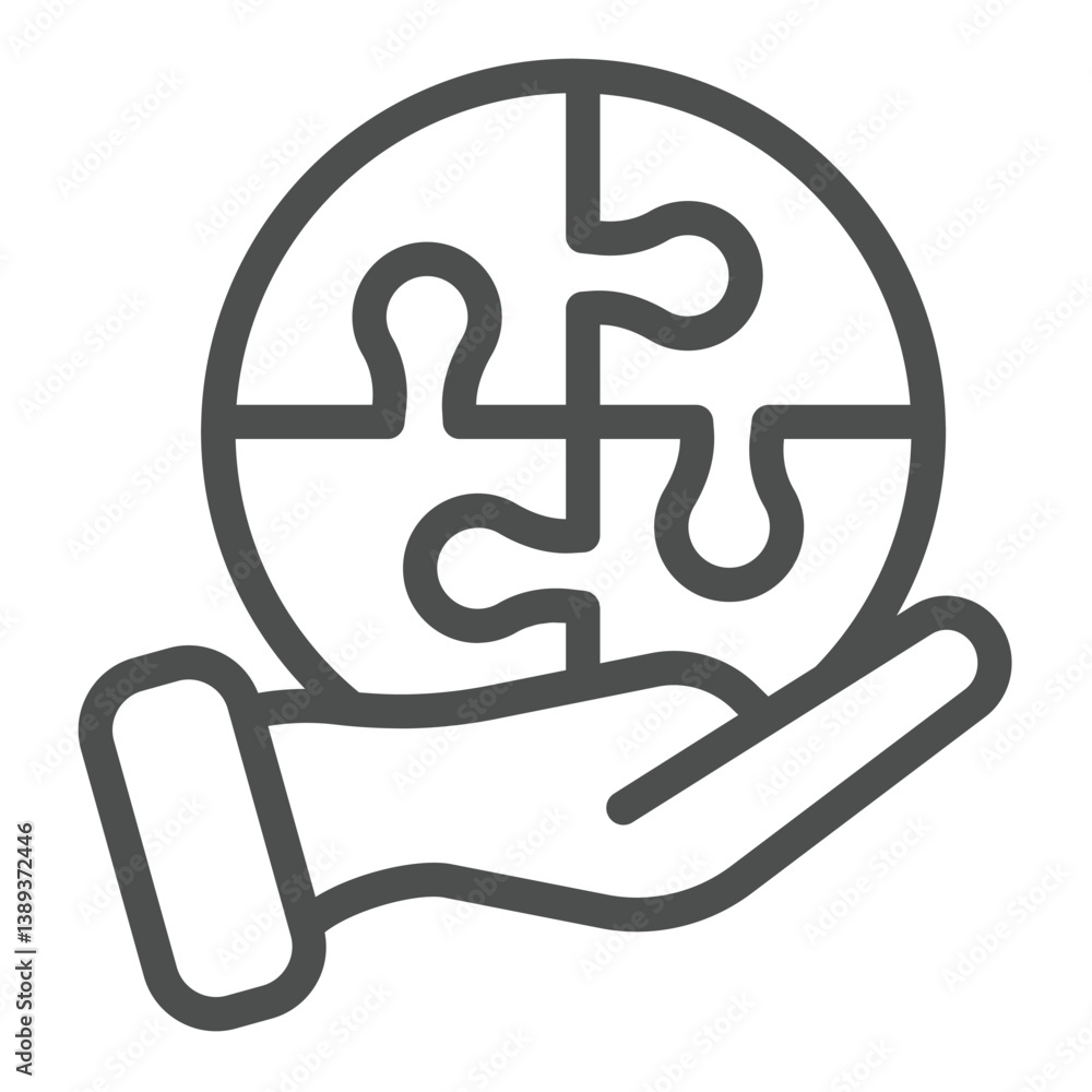 Aufkleber hand with jigsaw puzzle line icon, solution concept. vector graphics. puzzle piece in hand, complete