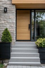 Modern entrance with sleek wooden door and stylish landscaping in a contemporary home located in a suburban neighborhood during daytime