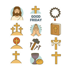Good Friday Vector Icons Set.
This vector icon collection features minimalist designs perfect for representing Good Friday. Ideal for social media, marketing, and event promotions, these icons bring a