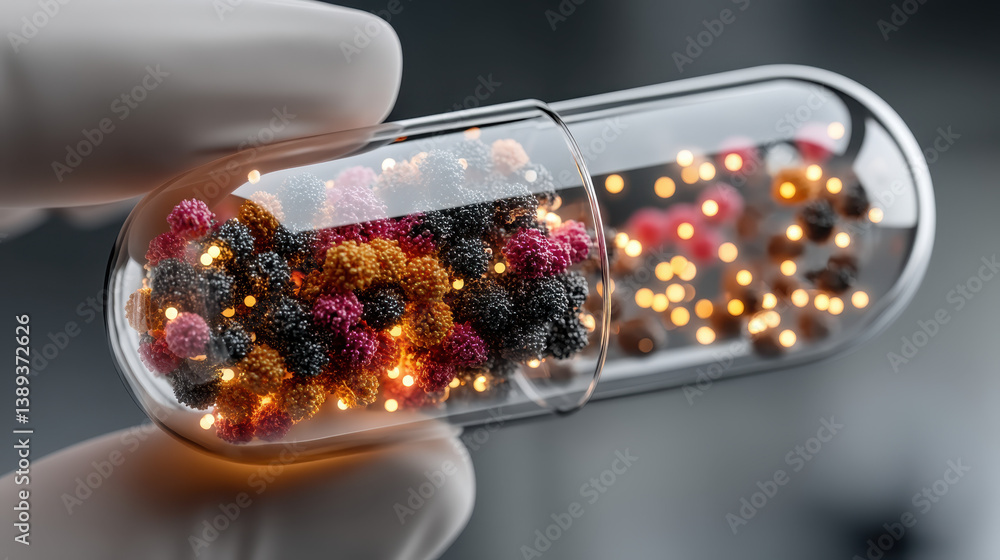 Poster scientist holds innovative capsule containing glowing microbiome strains in lab setting focused on p