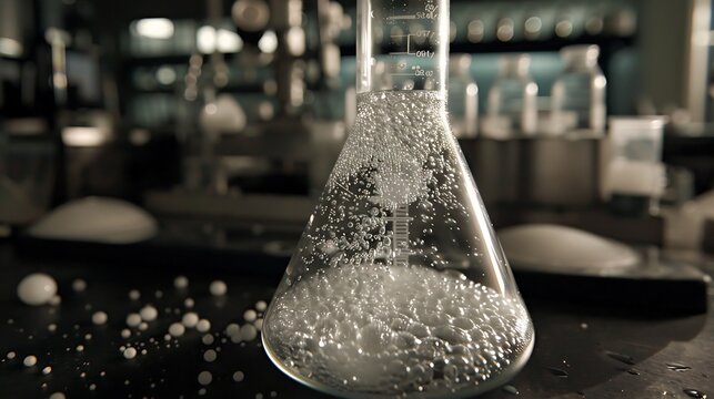 Close up of beaker with bubbling liquid as an acid base reaction creates effervescence