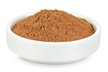 Cinnamon powder in ceramic bowl isolated on white background with full depth of field