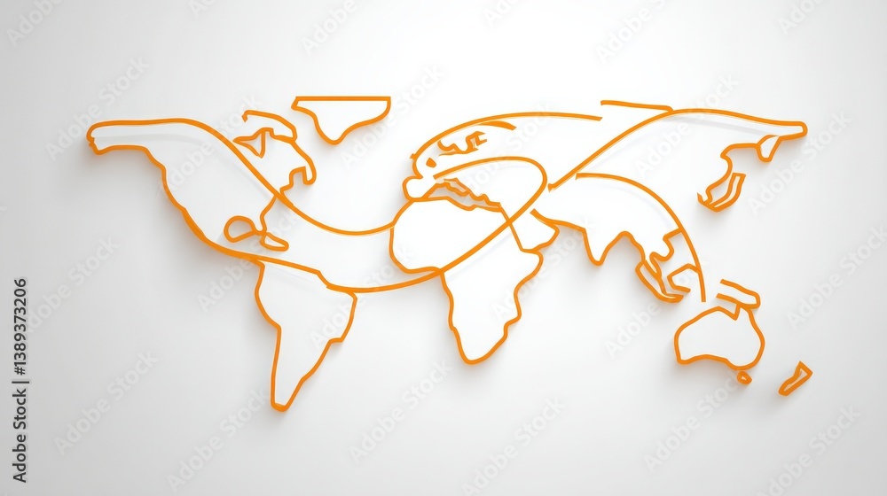 Poster import tariffs policy impact concept. abstract line art of a world map in orange on a white backgrou