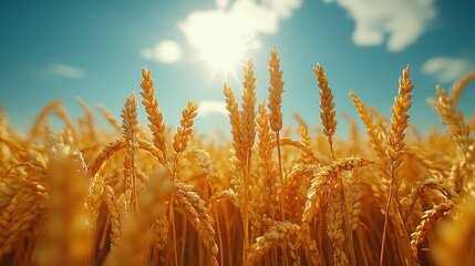 A stunning panorama of golden rice fields stretching under a vast blue sky, captured in high-definition with a wide-angle lens, featuring backlighting effects that highlight the golden ears of grain, 
