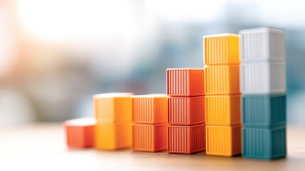 Import Tariffs policy impact concept. Colorful storage containers arranged in ascending order on a wooden surface.