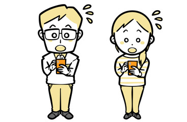 スマホ操作中に焦っている、普段着の若い夫婦