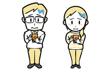 スマホ操作で困っている、普段着の若い夫婦