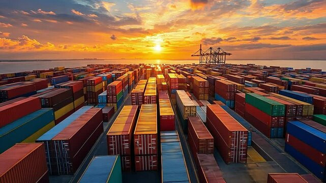Sunset over Cargo Containers at a Busy Port