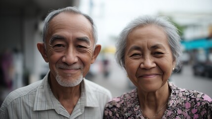 Smiling Elderly Asian Couple Posing Outdoors in Urban Setting