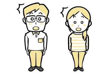 驚く、普段着の若い夫婦