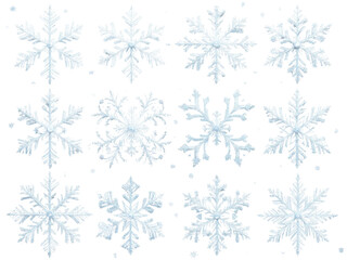 A collection of unique, intricately detailed snowflakes, each with crystalline textures, isolated on a transparent background for winter-themed designs.