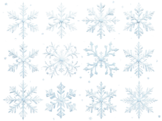 A collection of unique, intricately detailed snowflakes, each with crystalline textures, isolated on a transparent background for winter-themed designs.