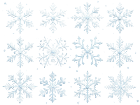 A collection of unique, intricately detailed snowflakes, each with crystalline textures, isolated on a transparent background for winter-themed designs.