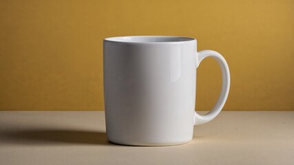 Plain white ceramic mug on yellow background