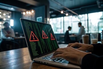 Person typing on a laptop with holographic warning symbols on screen in an office environment, concept of cybersecurity threat
