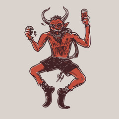 Cartoon Red Devil – Horned Demon Holding a Can or Bottle in a punk illustrative style design illustration vector tattoo