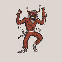 Cartoon Red Devil – Horned Demon Holding a Can or Bottle in a punk illustrative style design illustration vector tattoo