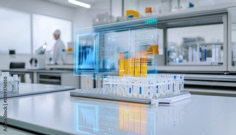 Poster futuristic laboratory analyzing medical samples using transparent display technology, charts and dat