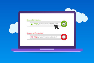 http and https protocols on shield on laptop screen. Secured vs not secured. 