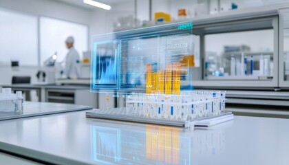 Futuristic laboratory analyzing medical samples using transparent display technology, charts and data visualization