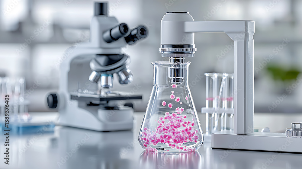 Poster experimenting with chemical reactions in a laboratory setting science lab microscope and flask moder