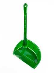 A green plastic dustpan with an ergonomic long handle, isolated against a white background. Ideal for waste collection, janitorial services, and household maintenance.