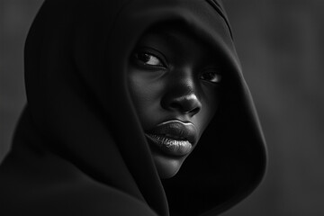 Striking black and white close-up portrait of woman in hoodie © CHRISTIANA