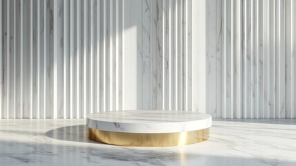 White marble podium, minimal modern display, studio backdrop, showcasing products