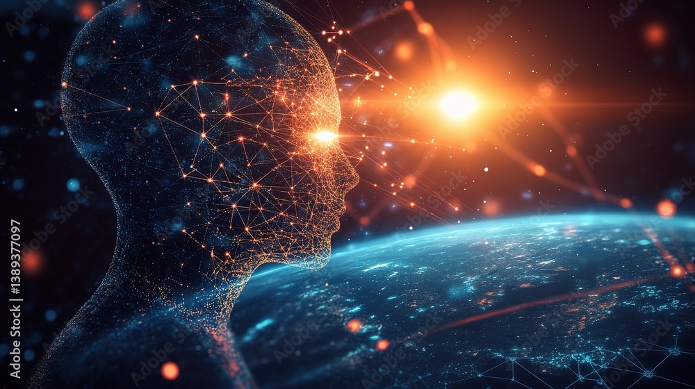 Poster astronaut over earth in space with digital network overlay effect