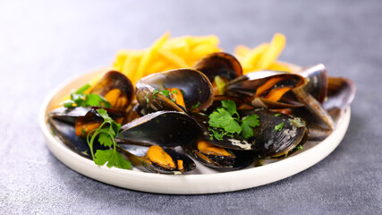 plate of steamed mussel with parsley and french fry on a white dish over a grey background