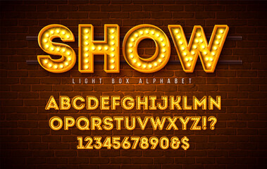 Light Bulb Alphabet with Yellow Frame Box and Shadow on Vintage Brick Wall Background. Glowing Retro Vector Font Collection with Shiny Bright Lights. ABC and Number Design for Casino, Night Club or