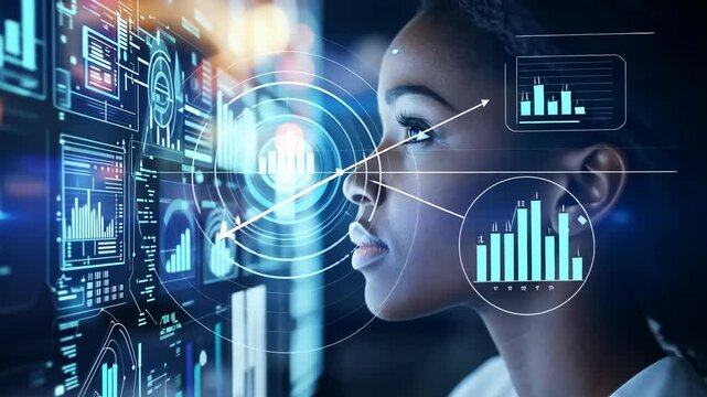 A woman intently examines digital interface showcasing complex data visualizations. The scene suggests technological advancements data analysis, user interfaces, , real-time data processing within - Powered by Adobe