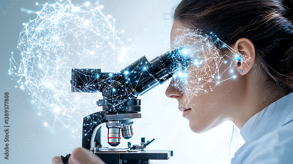 Poster innovative scientist analyzing data with microscope laboratory digital art futuristic environment cl