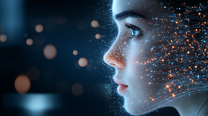 Futuristic technology event featuring digital human portraits virtual space art display close-up ai concept showcase