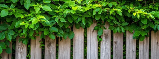 Lush Green Leaves Over Wooden Fence in Natural Outdoor Setting