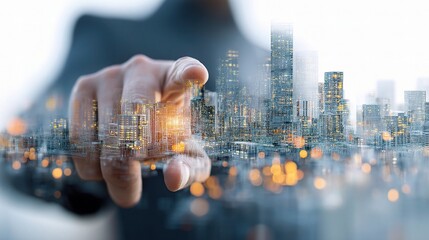 Double Exposure of Project Manager Pointing at Cityscape View