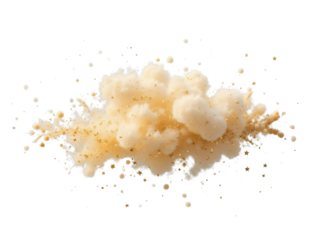 A soft, ethereal cloud of golden dust with scattered shimmering particles, isolated on a transparent background for elegant compositions.