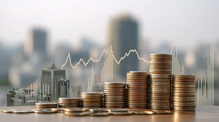 Cityscape Background with Stacked Coins and Financial Growth Graph