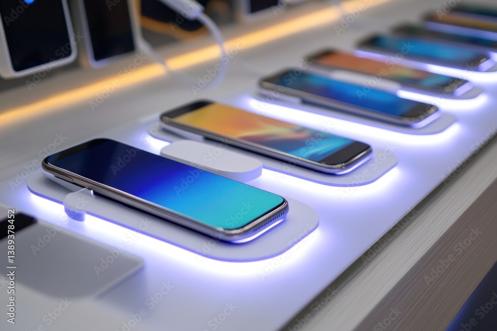 Poster row of new smartphones charging on illuminated display in store