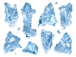 Obraz premium A collection of sharp, high-detail ice shards with transparency and frosty textures, isolated on a transparent background for winter-themed artwork.