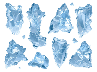 A collection of sharp, high-detail ice shards with transparency and frosty textures, isolated on a transparent background for winter-themed artwork.