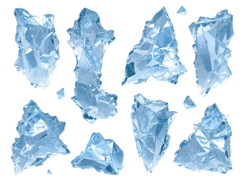 A collection of sharp, high-detail ice shards with transparency and frosty textures, isolated on a transparent background for winter-themed artwork.