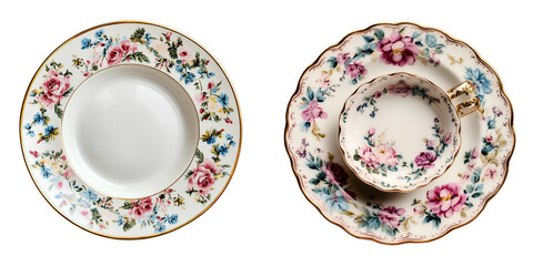 Top view of a vintage floral-patterned plate, isolated on a transparent background