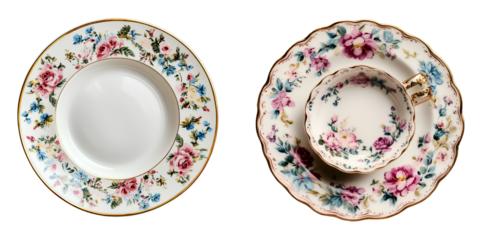 Top view of a vintage floral-patterned plate, isolated on a transparent background