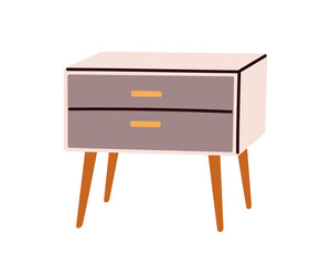Nightstand with drawers, wooden legs. Scandinavian style bedside table, night stand in modern retro design. Mid-century furnishing for bedroom. Flat vector illustration isolated on white background © Good Studio